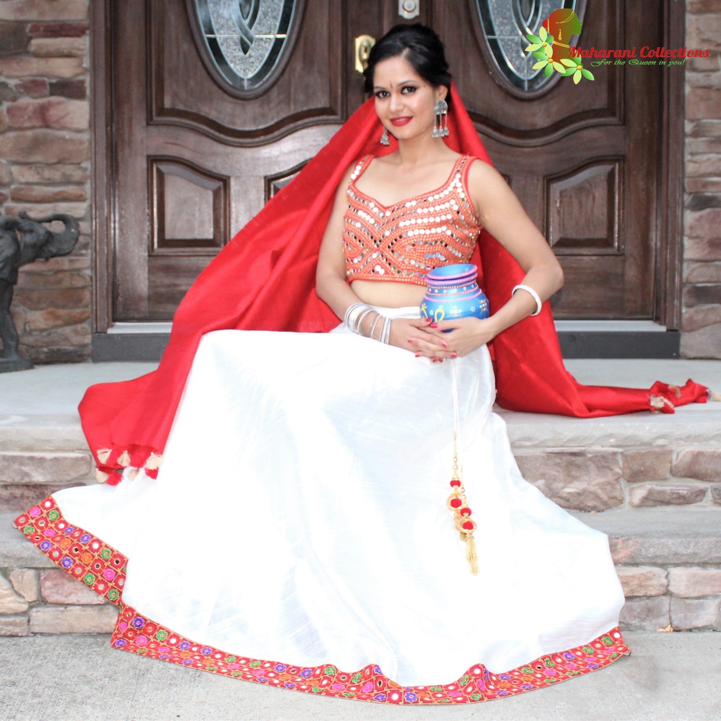 Maharani's Pure Silk Chania Choli - Red/White (L)