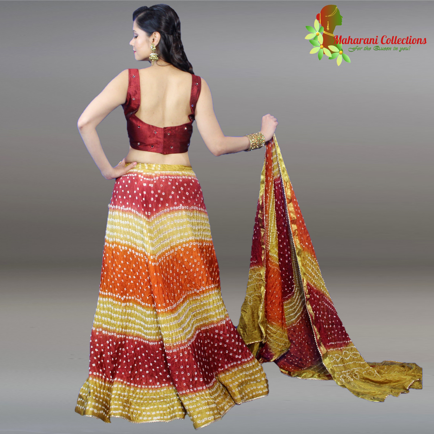 Silk Bandhej Lehenga Choli - Yellow, Pink and Red with Gotta Patti Work