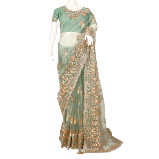 Maharani's Designer Party Wear Net Silk Saree - Sea Green (with stitched Blouse and Petticoat)