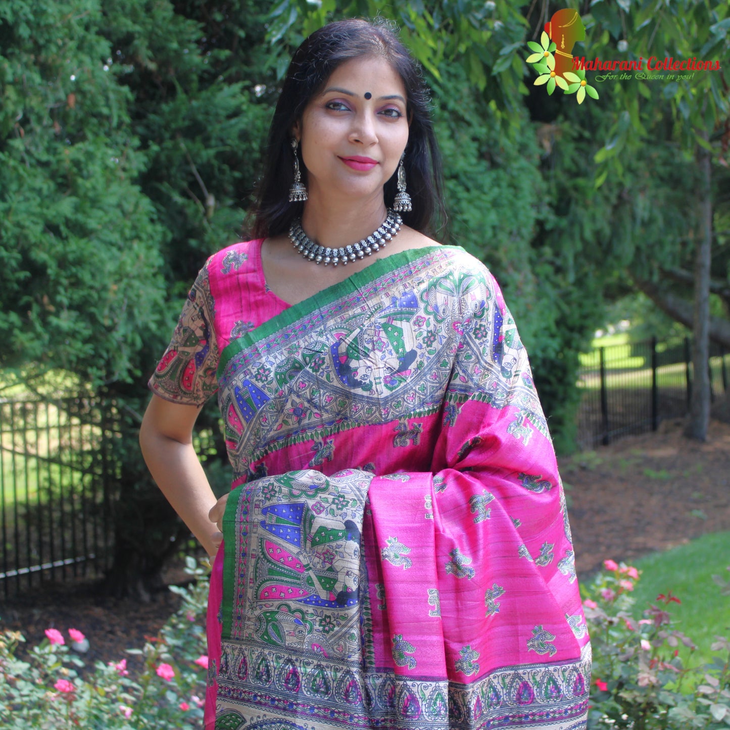 Maharani's Pure Tussar Silk Saree (Silk Mark) - Magenta with Madhubani Hand Painting