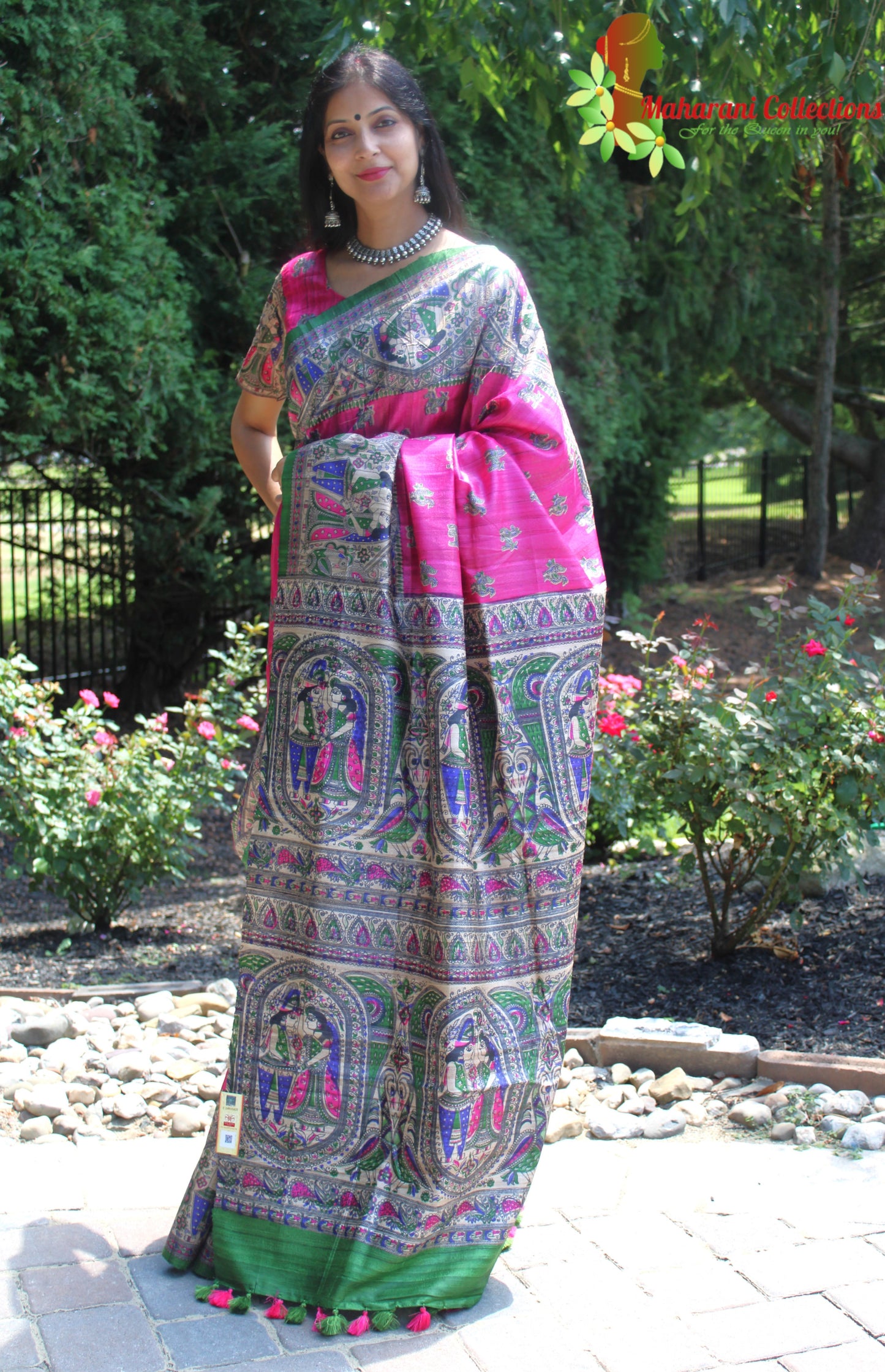 Maharani's Pure Tussar Silk Saree (Silk Mark) - Magenta with Madhubani Hand Painting