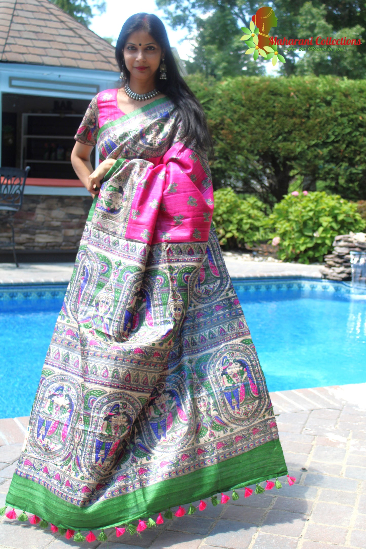 Maharani's Pure Tussar Silk Saree (Silk Mark) - Magenta with Madhubani Hand Painting