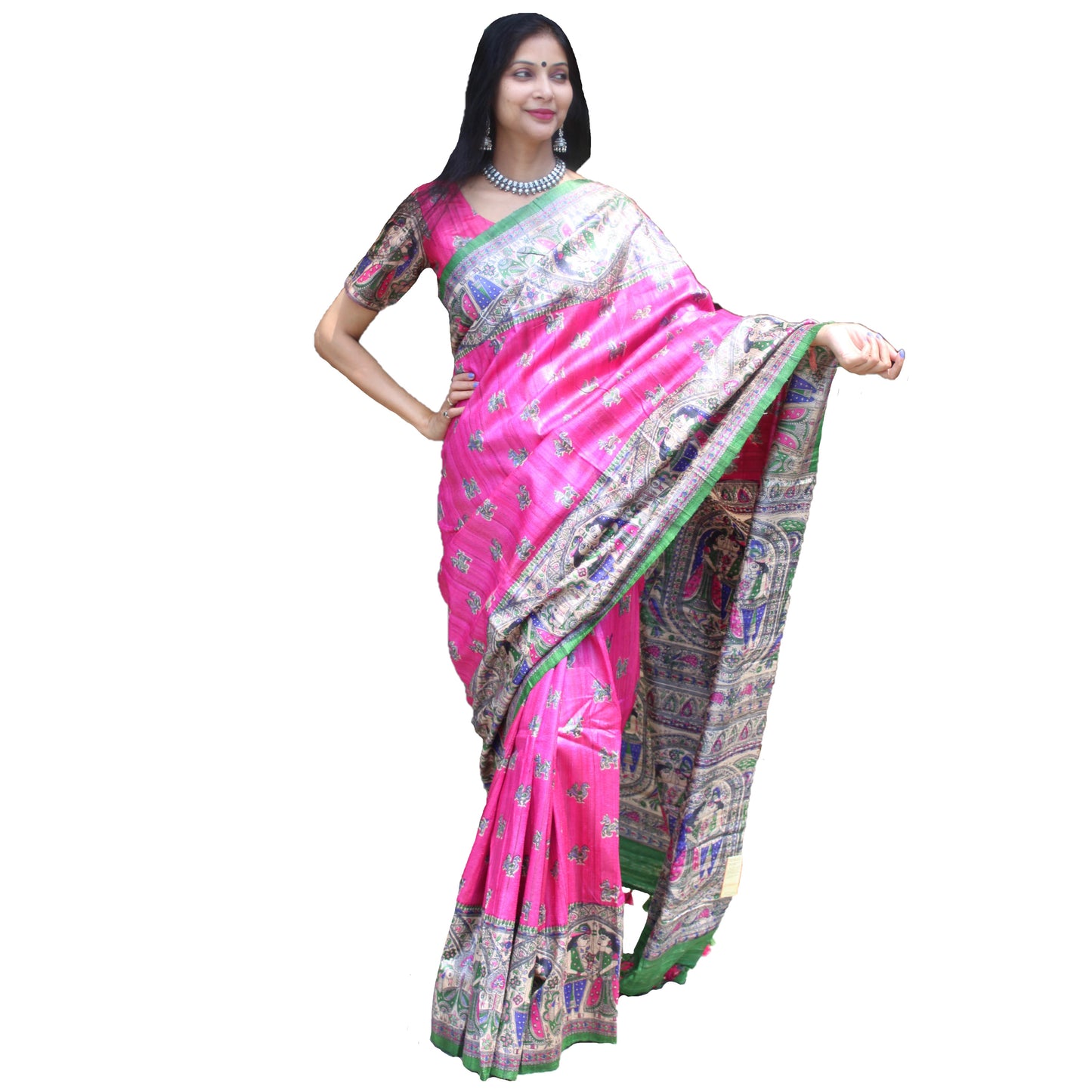 Maharani's Pure Tussar Silk Saree (Silk Mark) - Magenta with Madhubani Hand Painting