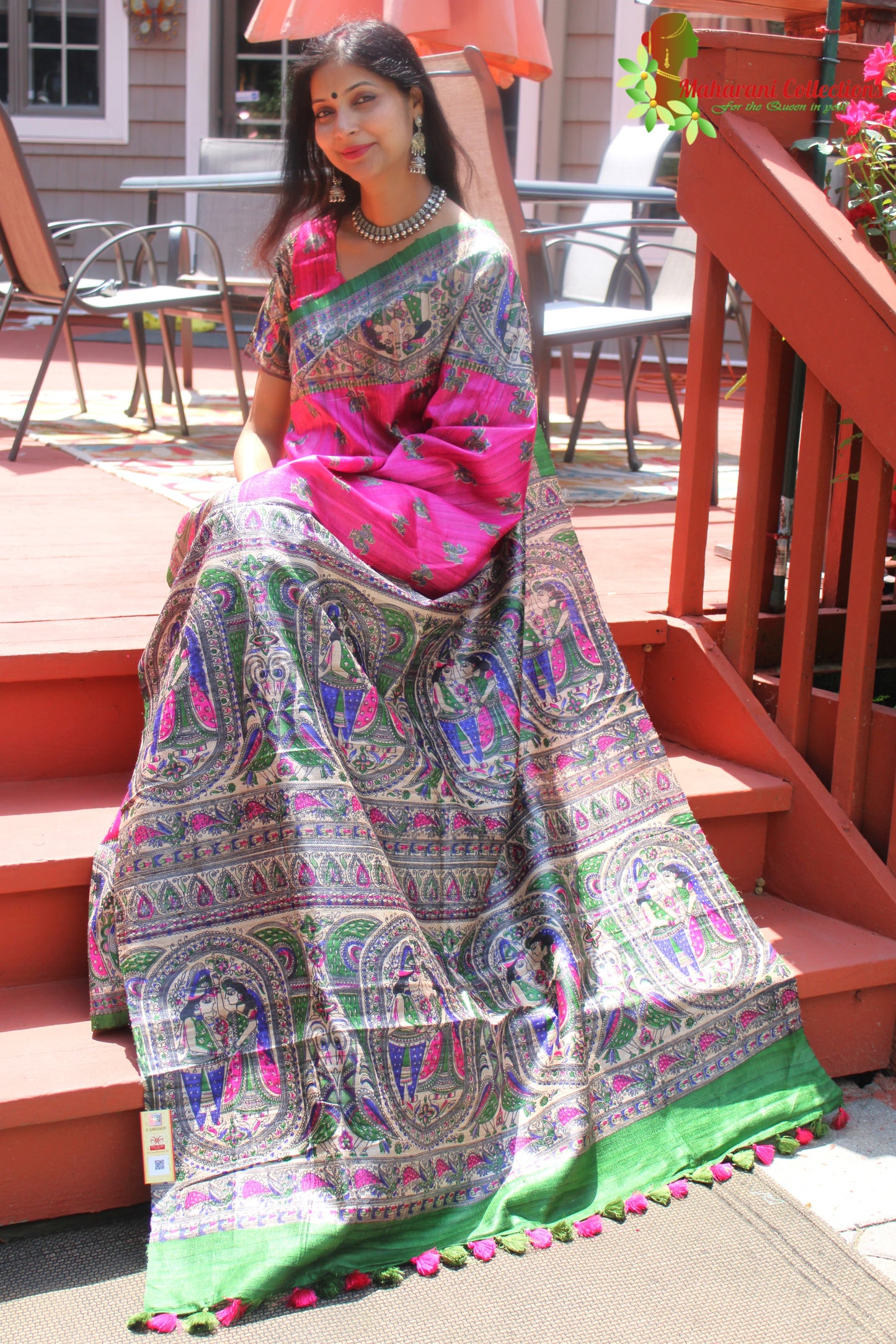 Maharani's Pure Tussar Silk Saree (Silk Mark) - Magenta with Madhubani Hand Painting