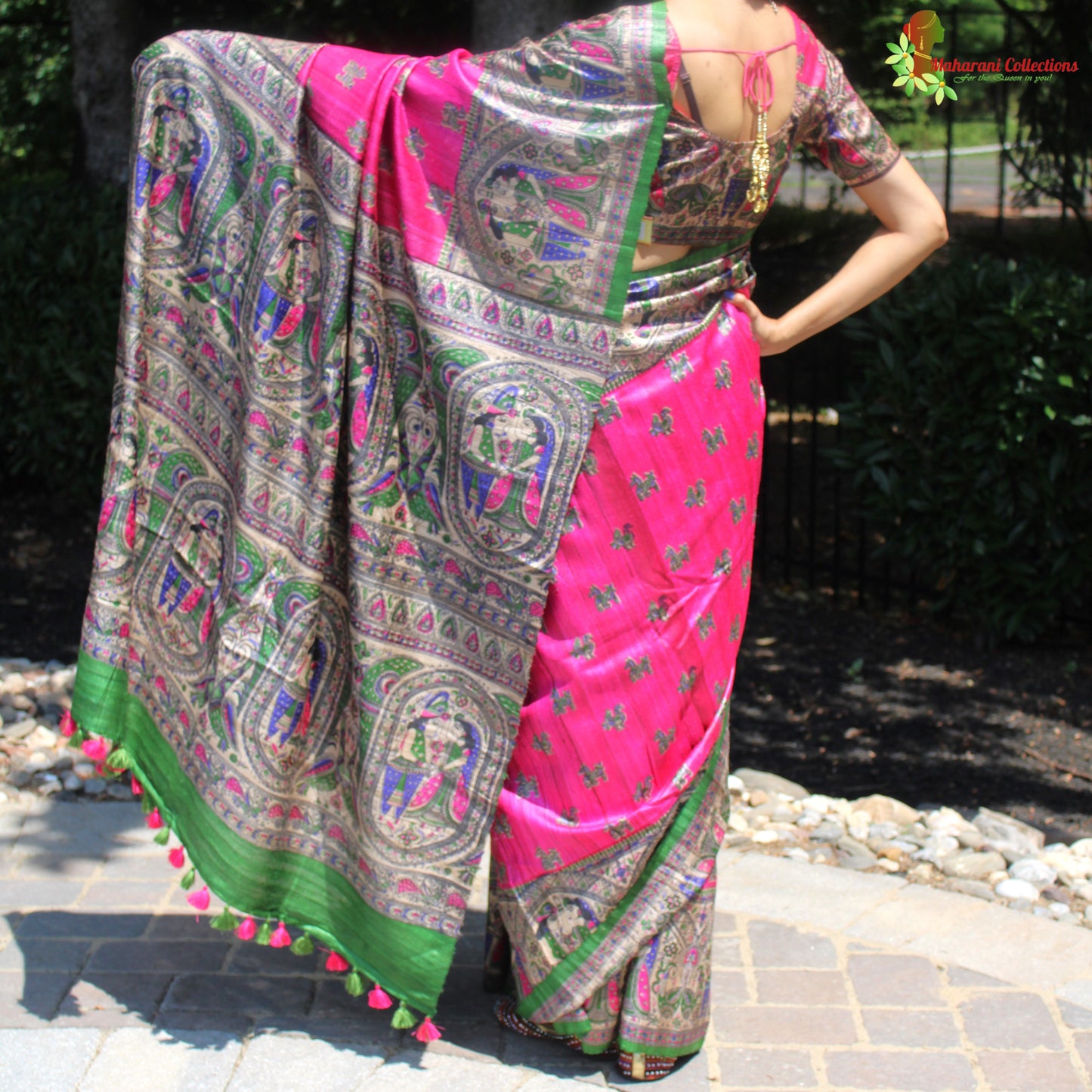 Maharani's Pure Tussar Silk Saree (Silk Mark) - Magenta with Madhubani Hand Painting