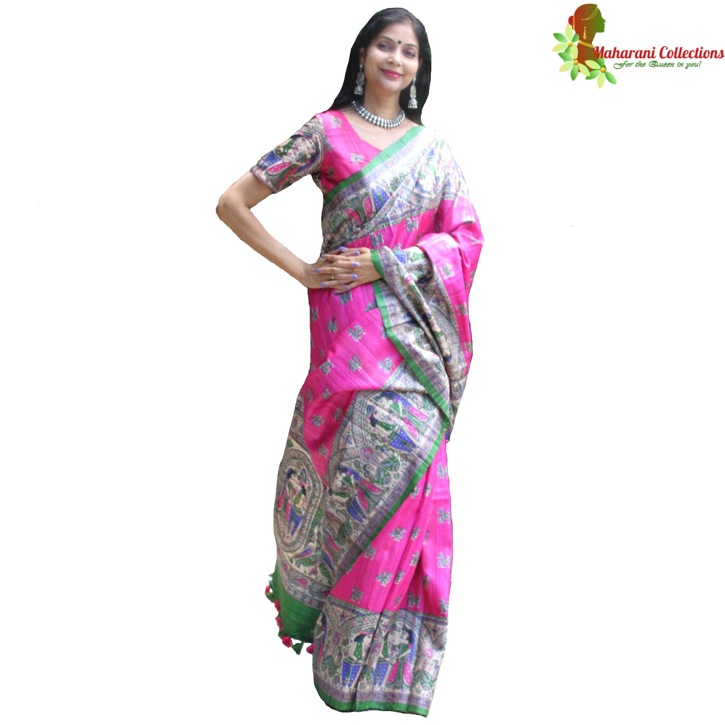Maharani's Pure Tussar Silk Saree (Silk Mark) - Magenta with Madhubani Hand Painting