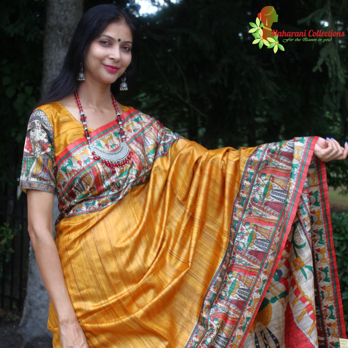 Maharani's Pure Tussar Silk Saree (Silk Mark) - Mustard Yellow with Madhubani Hand Painting