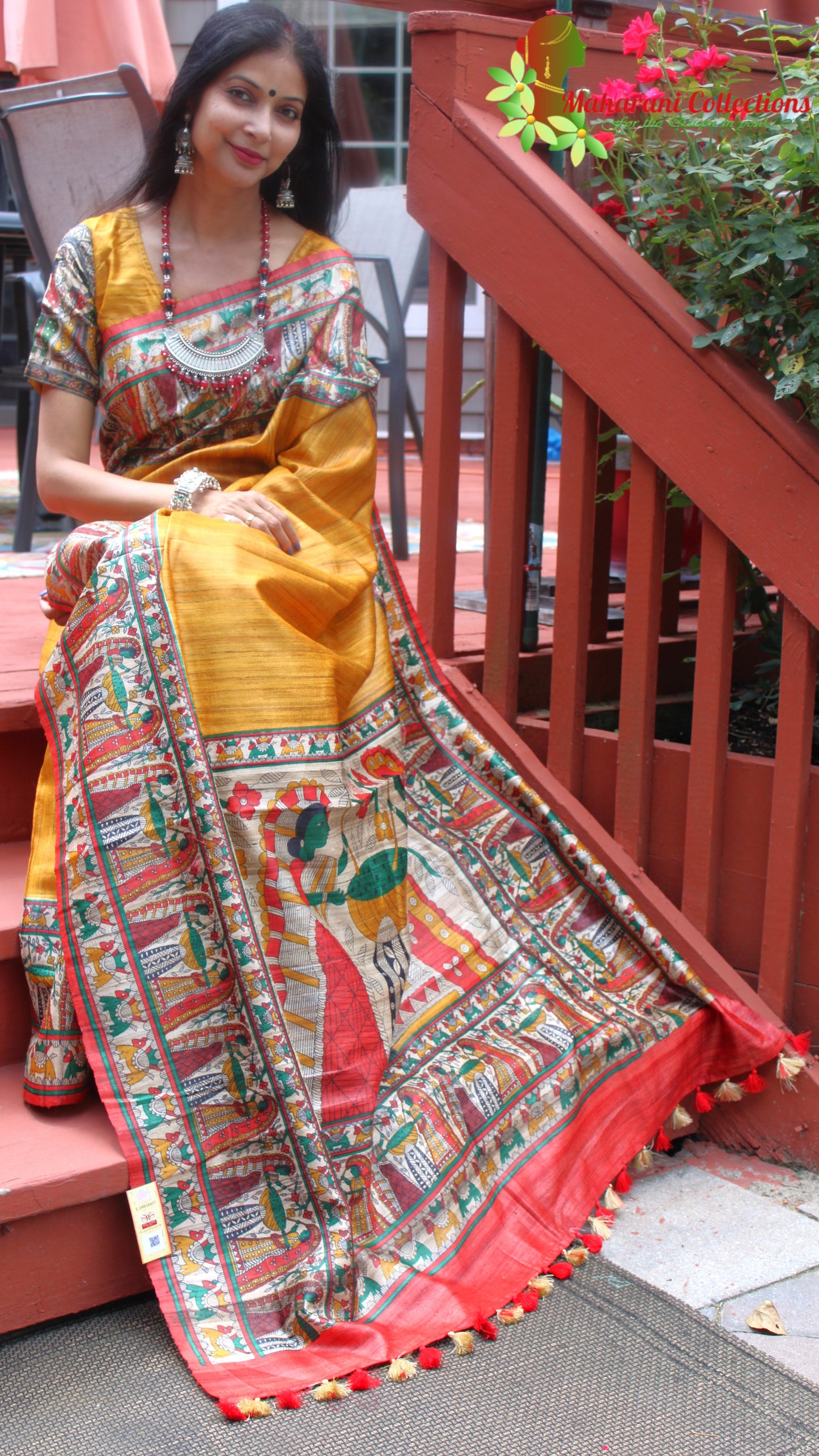 Maharani's Pure Tussar Silk Saree (Silk Mark) - Mustard Yellow with Madhubani Hand Painting