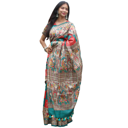 Maharani's Pure Tussar Silk Saree (Silk Mark) - Red & Sea Green with Madhubani Hand Painting