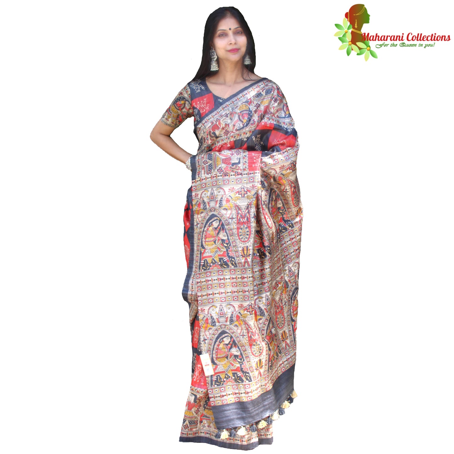 Maharani's Pure Tussar Silk Saree (Silk Mark) - Red & Black with Madhubani Hand Painting