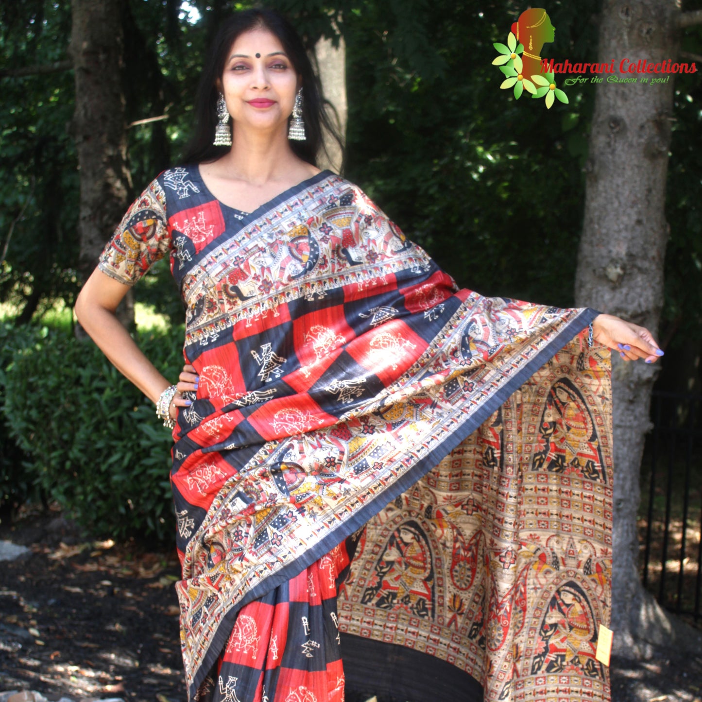 Maharani's Pure Tussar Silk Saree (Silk Mark) - Red & Black with Madhubani Hand Painting