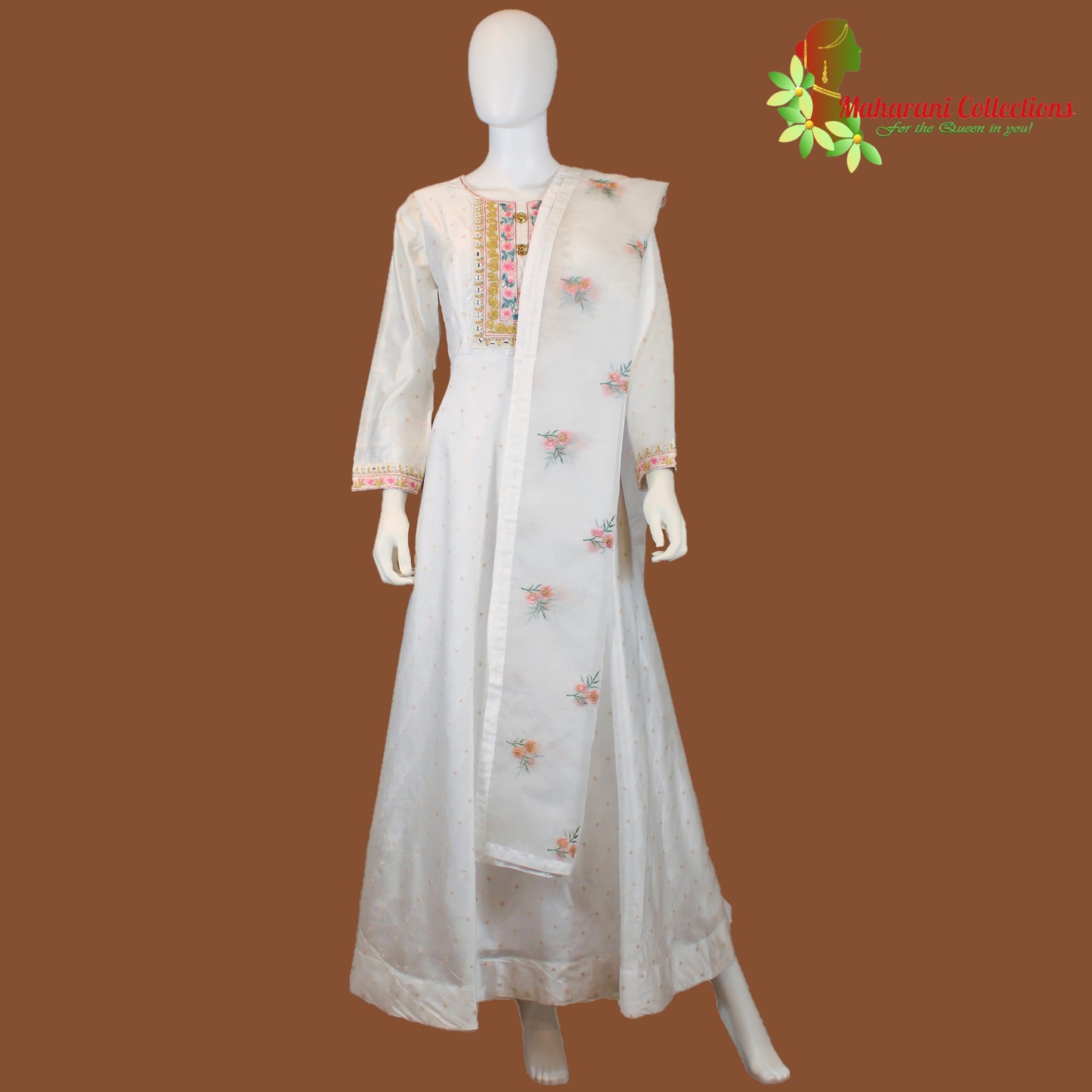 Designer Gala Gown (Anarkali Suit) - White (L) - Silk