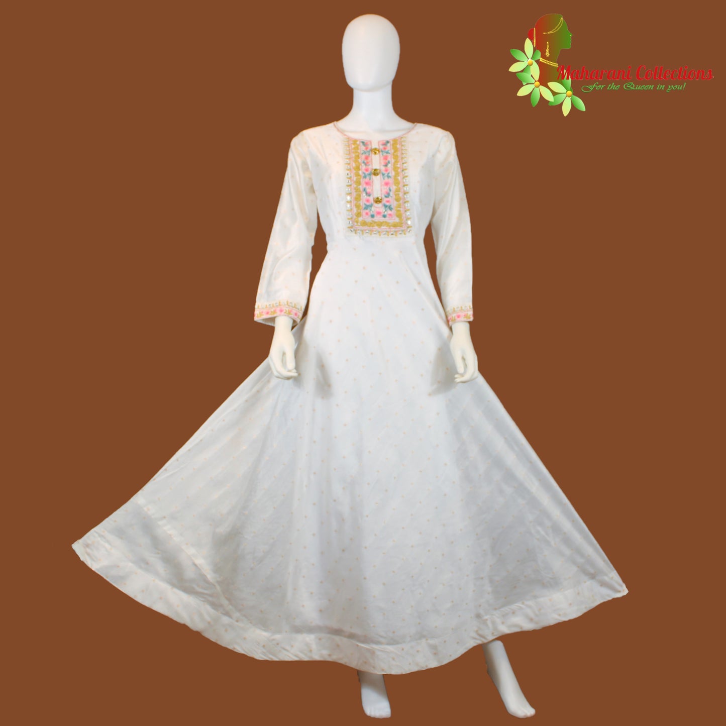 Designer Gala Gown (Anarkali Suit) - White (L) - Silk