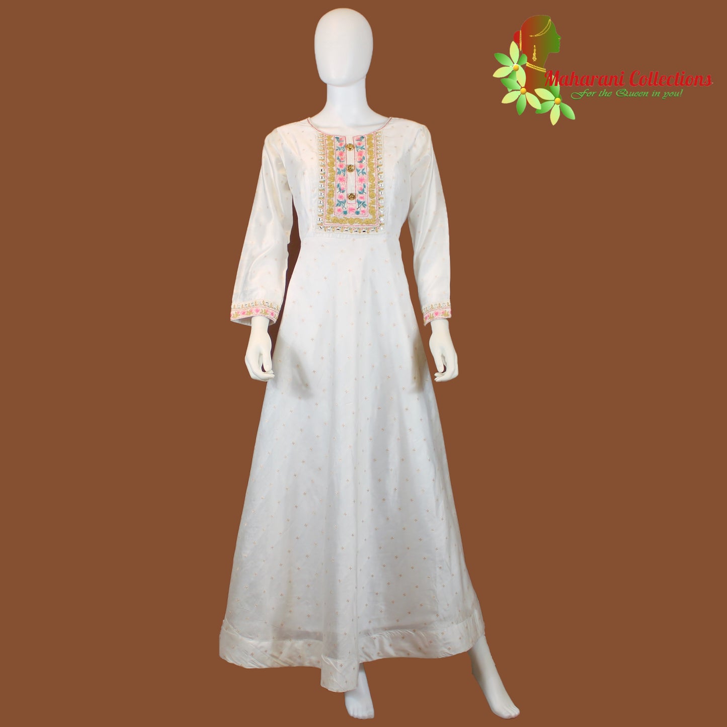 Designer Gala Gown (Anarkali Suit) - White (L) - Silk