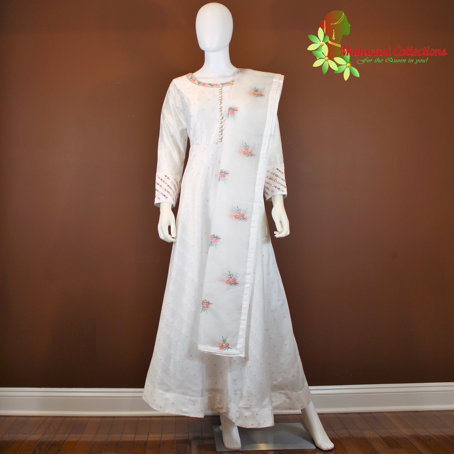 Designer Gala Gown (Anarkali Suit) - White (L) - Silk