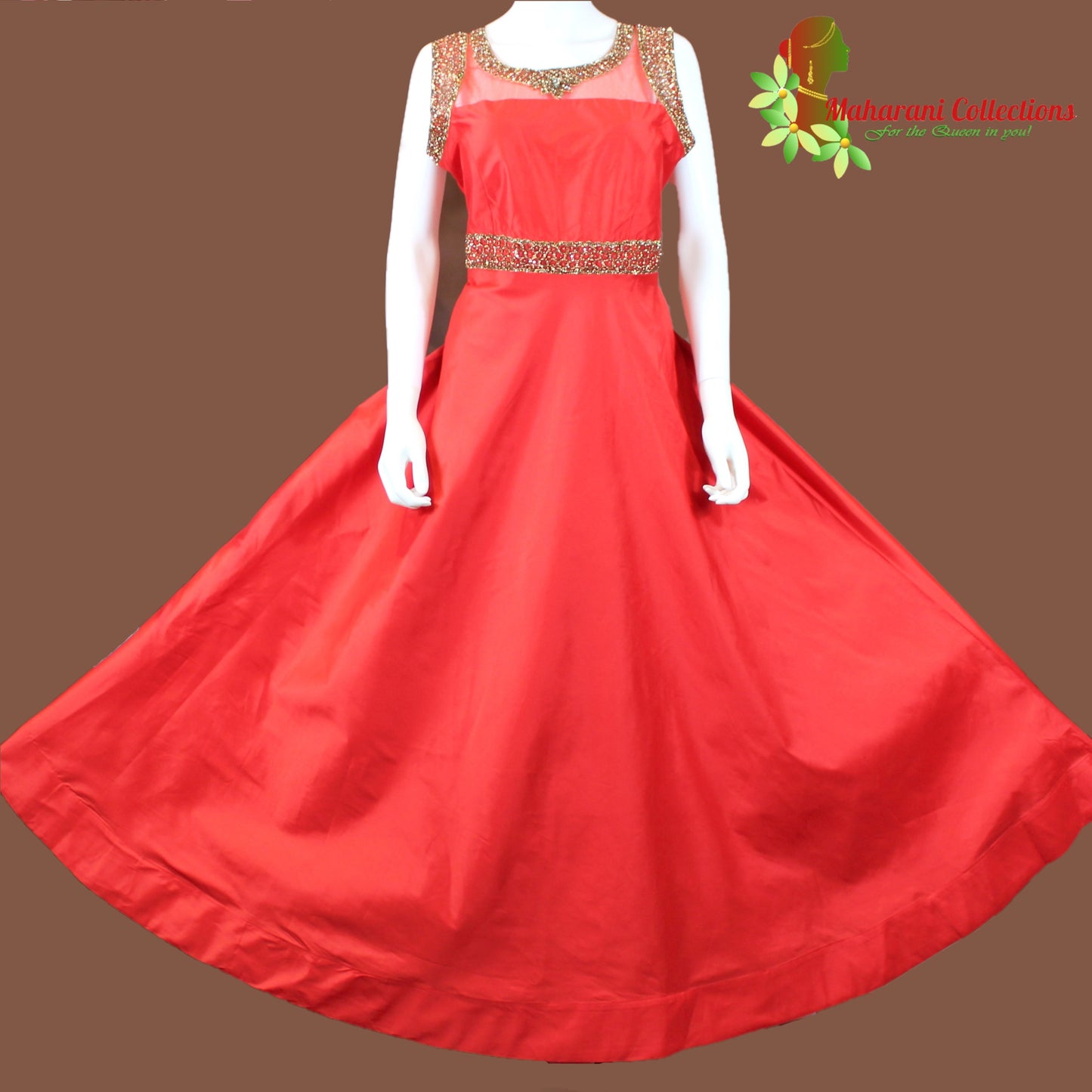 Maharani's Designer Gown (Anarkali Suit) - Bridal Red (L) - Banarasi Silk