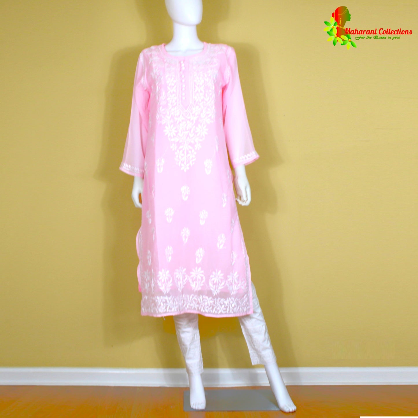 Maharani's Lucknowi Chikankari Pant Suit - Light Pink (L) - Pure Georgette