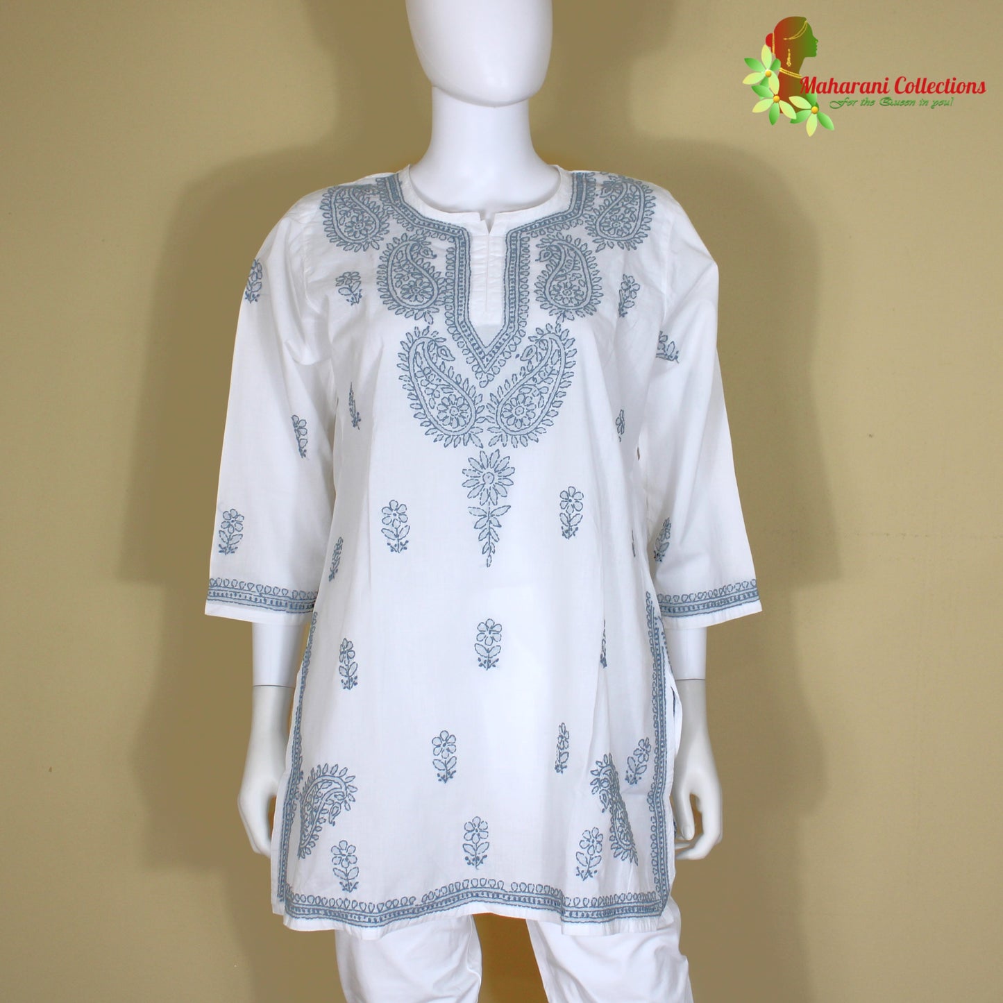 Maharani's Lucknowi Chikankari Short top - White (L) - Cotton