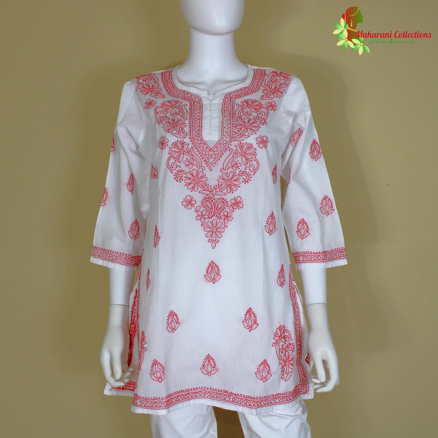 Maharani's Lucknowi Chikankari Short top - White (M) - Cotton