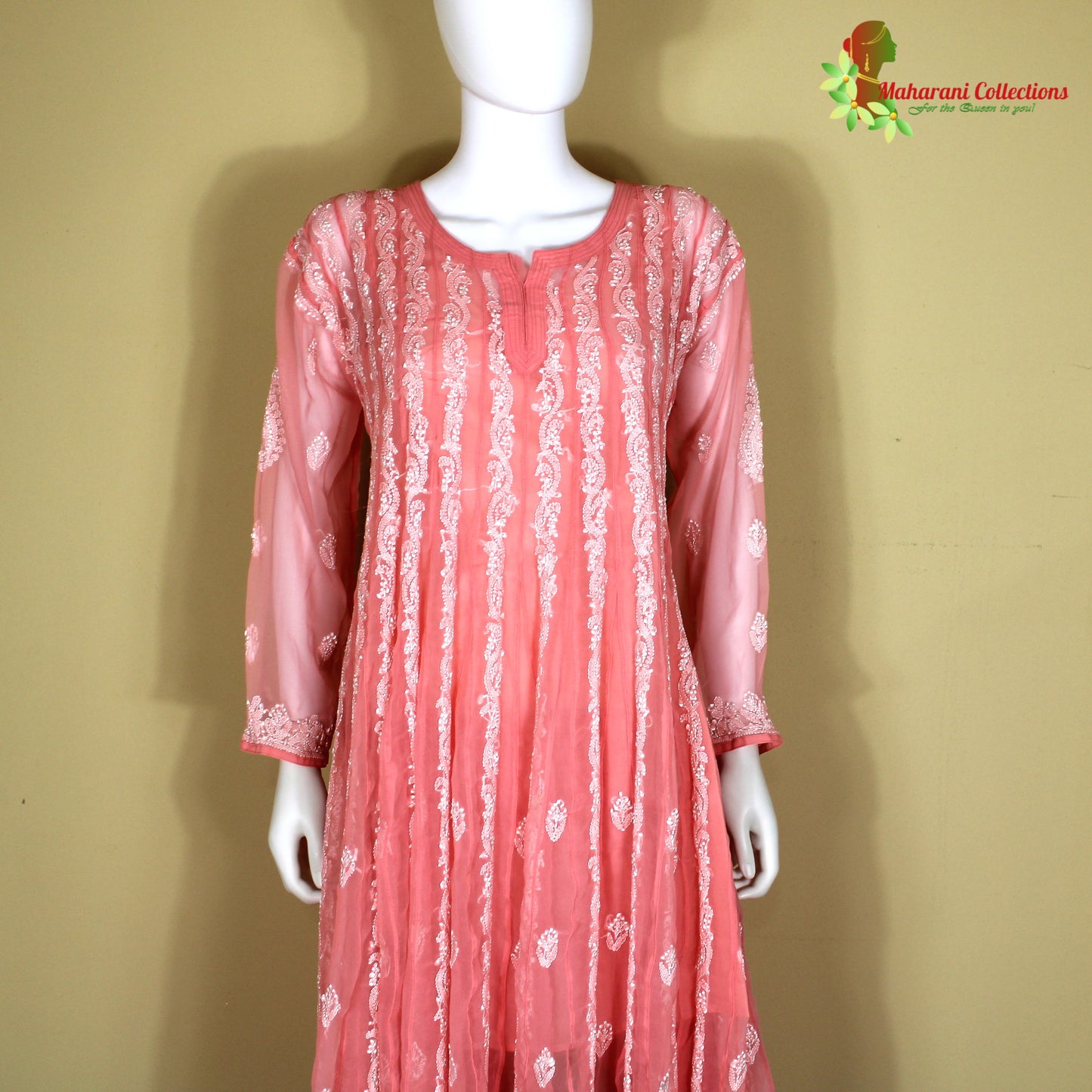 Maharani's Lucknowi Chikankari Anarkali Suit - Peach (XL) - Pure Georgette