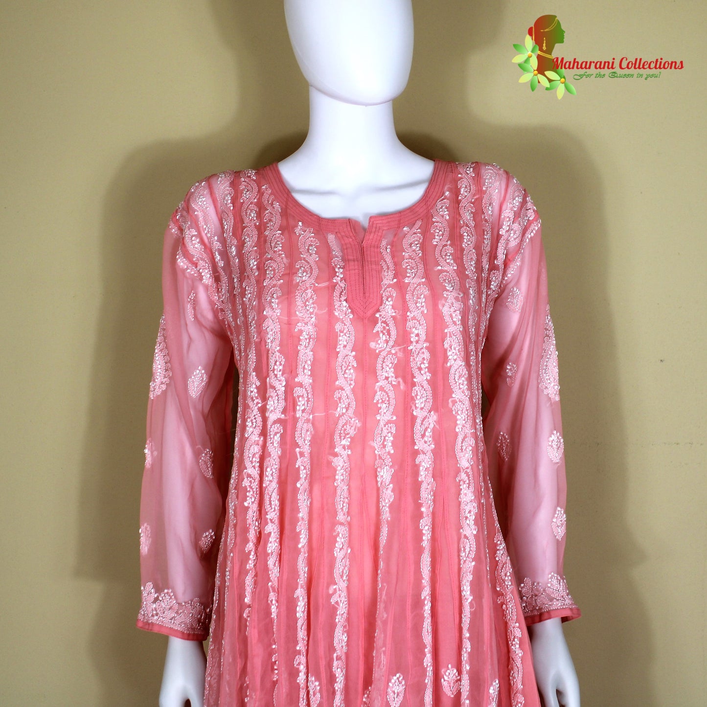 Maharani's Lucknowi Chikankari Anarkali Suit - Peach (XL) - Pure Georgette