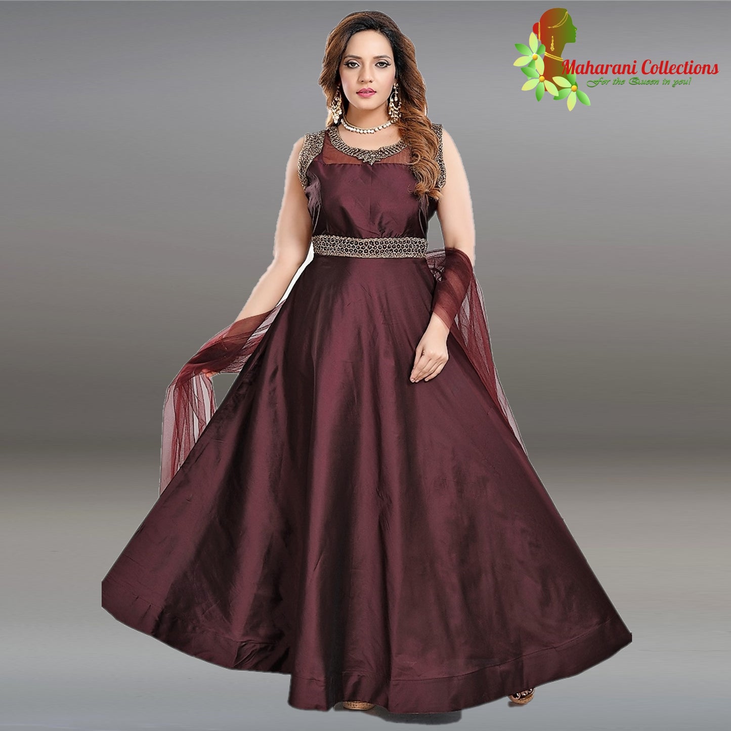 Maharani's Designer Gown (Anarkali Suit) - Wine (L) - Banarasi Silk