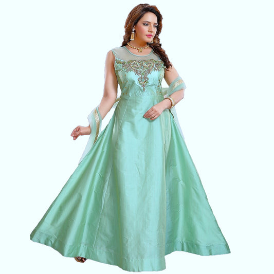 Maharani's Designer Gown (Anarkali Suit) - Pista Green (L) - Tussar Silk