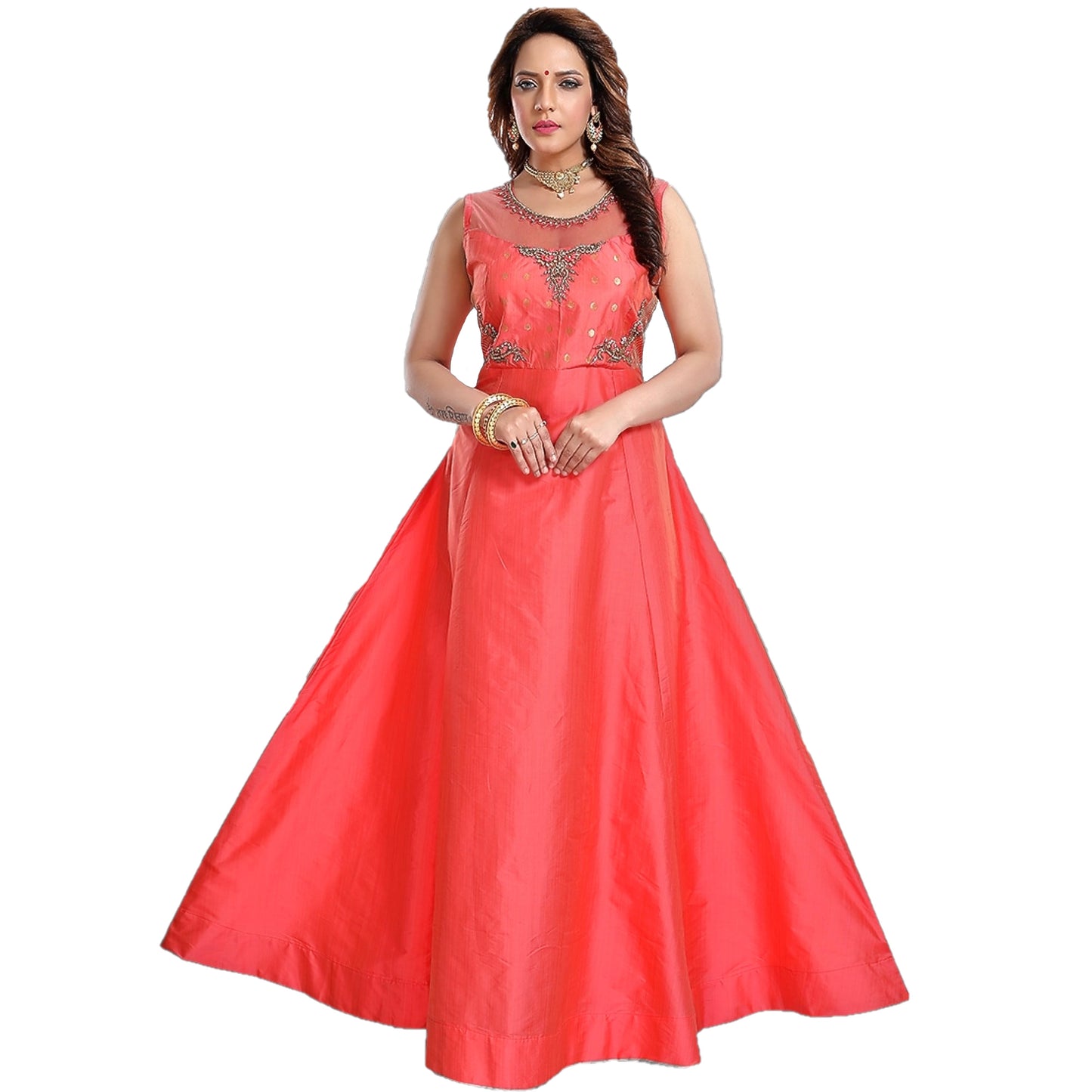 Maharani's Designer Gown (Anarkali Suit) - Dark Orange (L) - Tussar Silk