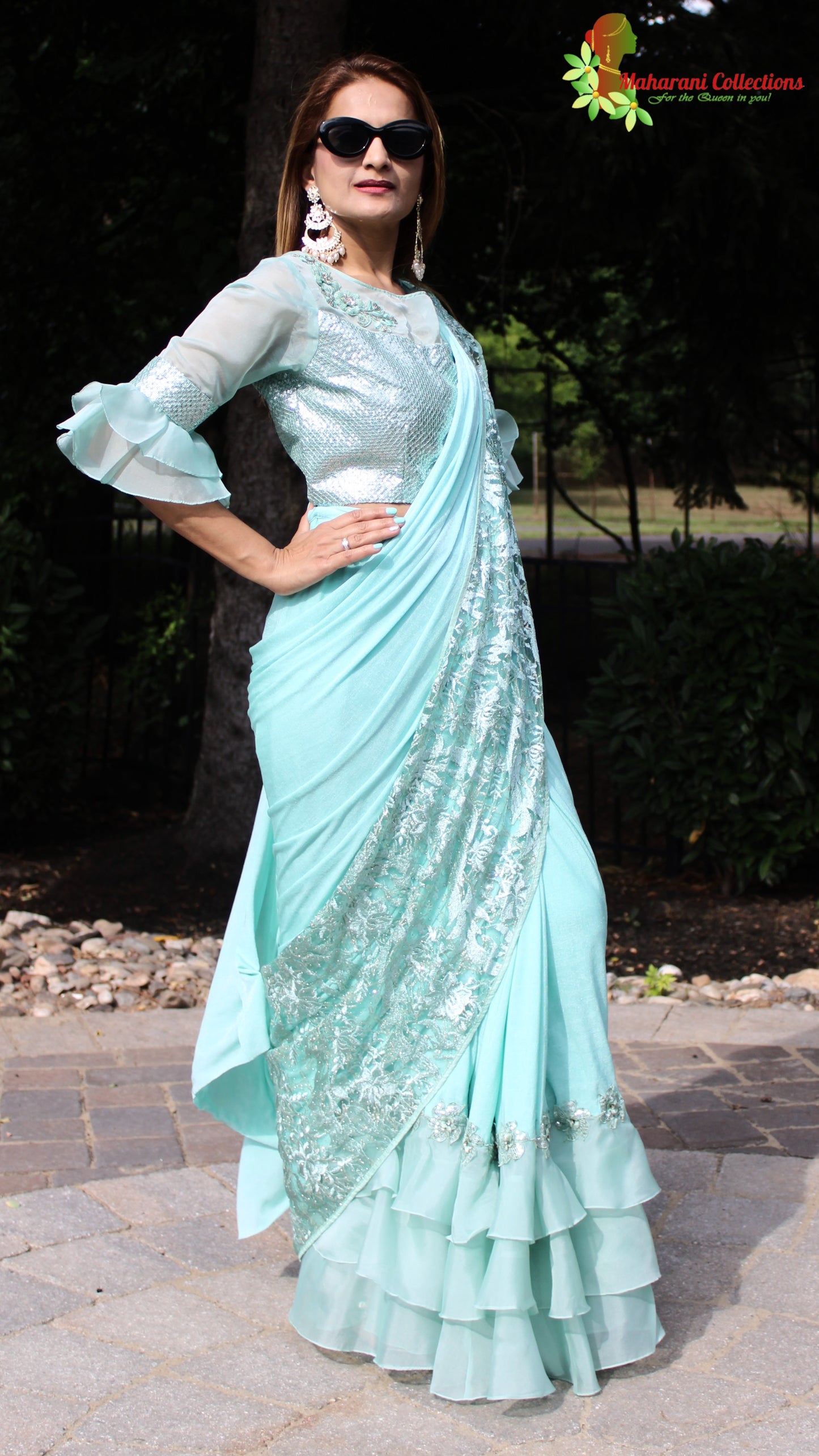Maharani's Party Wear Stitched Designer Saree - Turquoise Blue (with stitched Blouse & Petticoat)