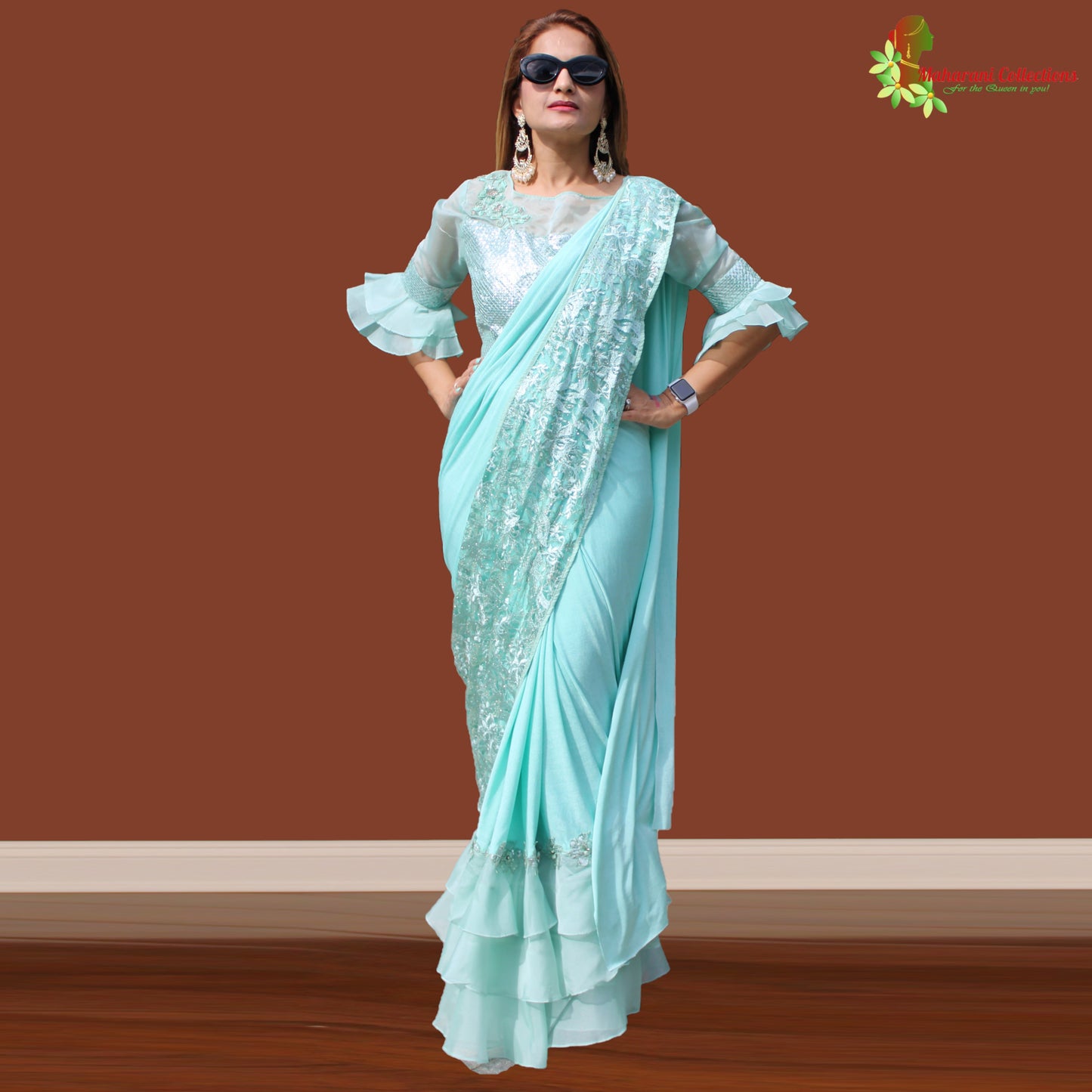 Maharani's Party Wear Stitched Designer Saree - Turquoise Blue (with stitched Blouse & Petticoat)