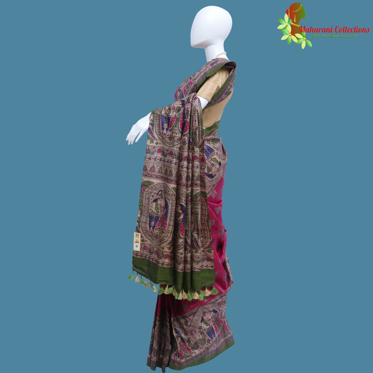 Pure Bhagalpur Tussar Silk Saree (Silk Mark) - Purple Madhubani Work
