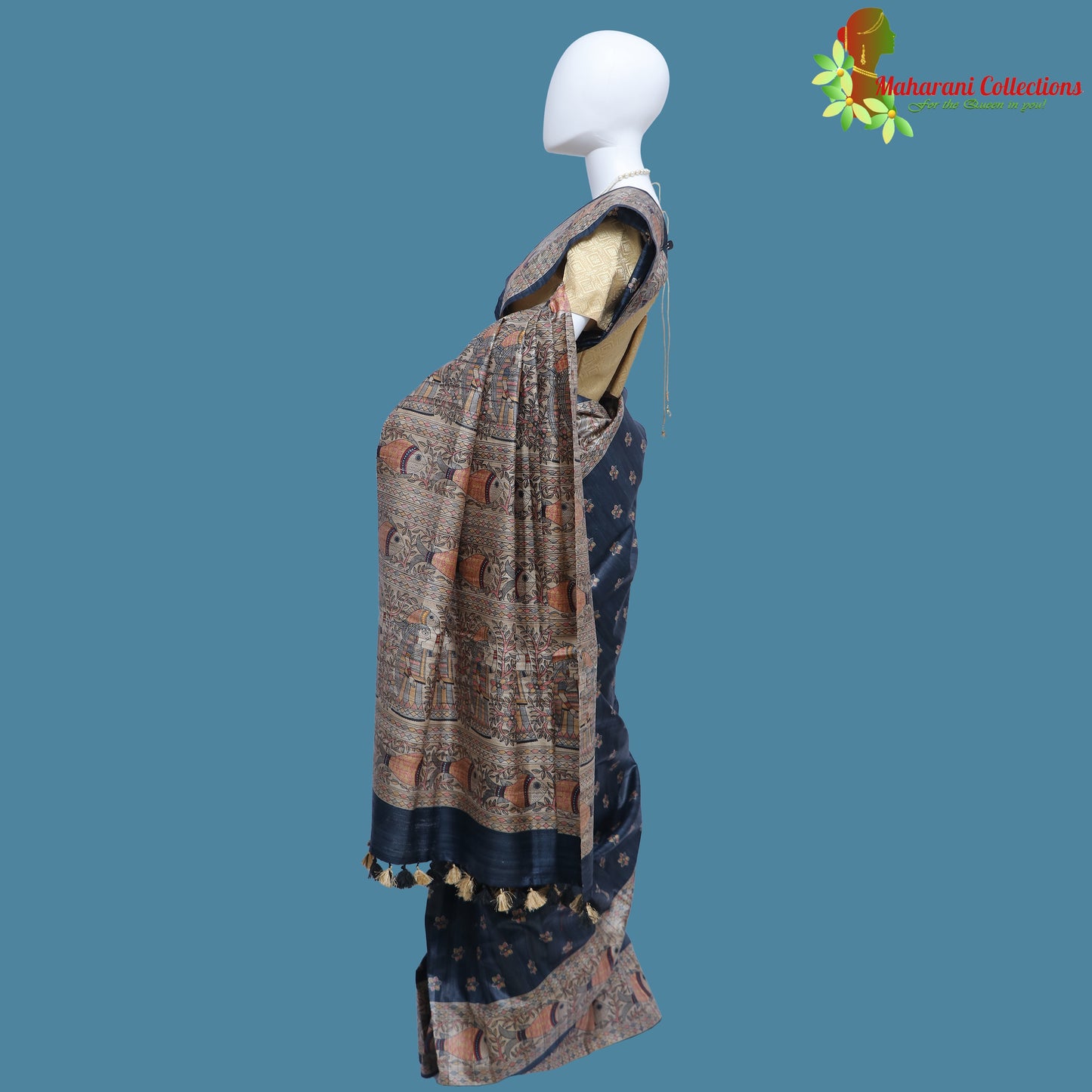 Pure Bhagalpur Tussar Silk Saree (Silk Mark) - Slate Blue Madhubani Work