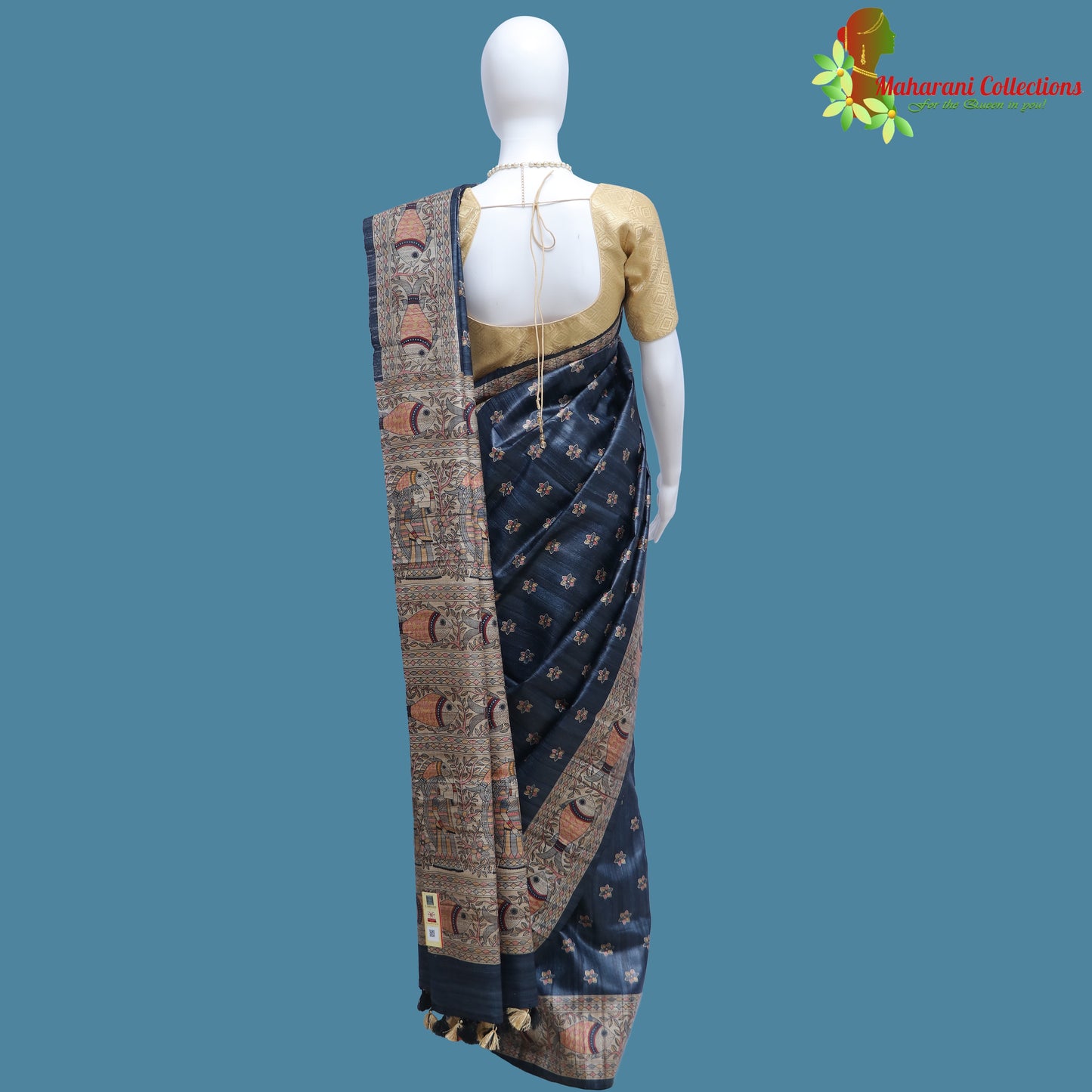 Pure Bhagalpur Tussar Silk Saree (Silk Mark) - Slate Blue Madhubani Work