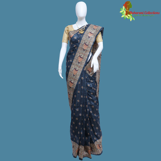 Pure Bhagalpur Tussar Silk Saree (Silk Mark) - Slate Blue Madhubani Work
