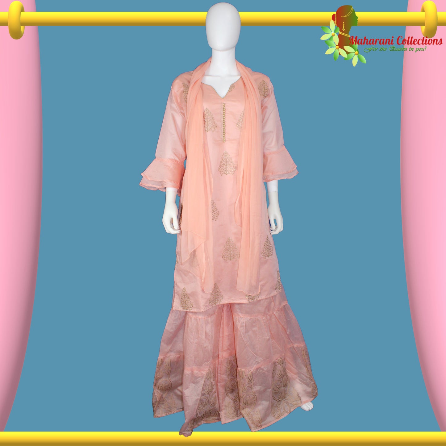 Lucknowi Sharara Suit - Peach (L)
