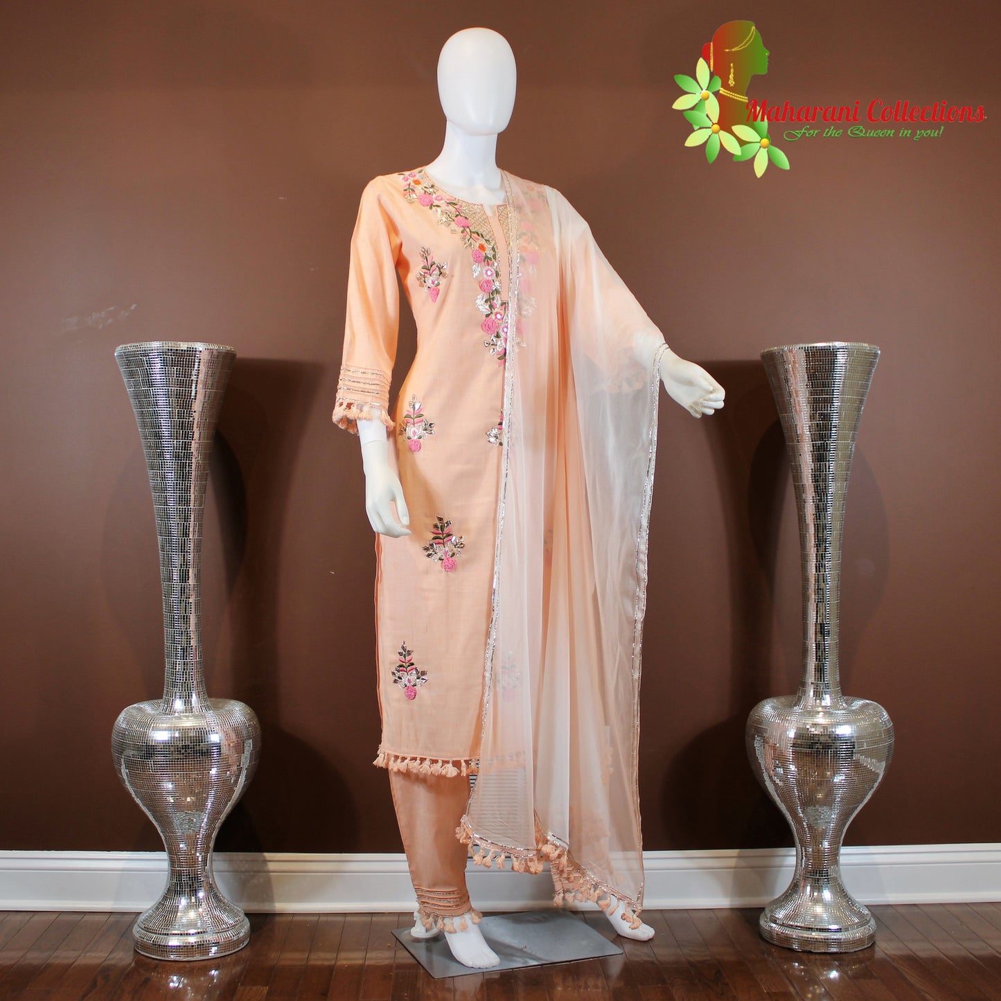 Maharani's Suit with Pants and Dupatta - Peach (M) - Pure Muslin Silk