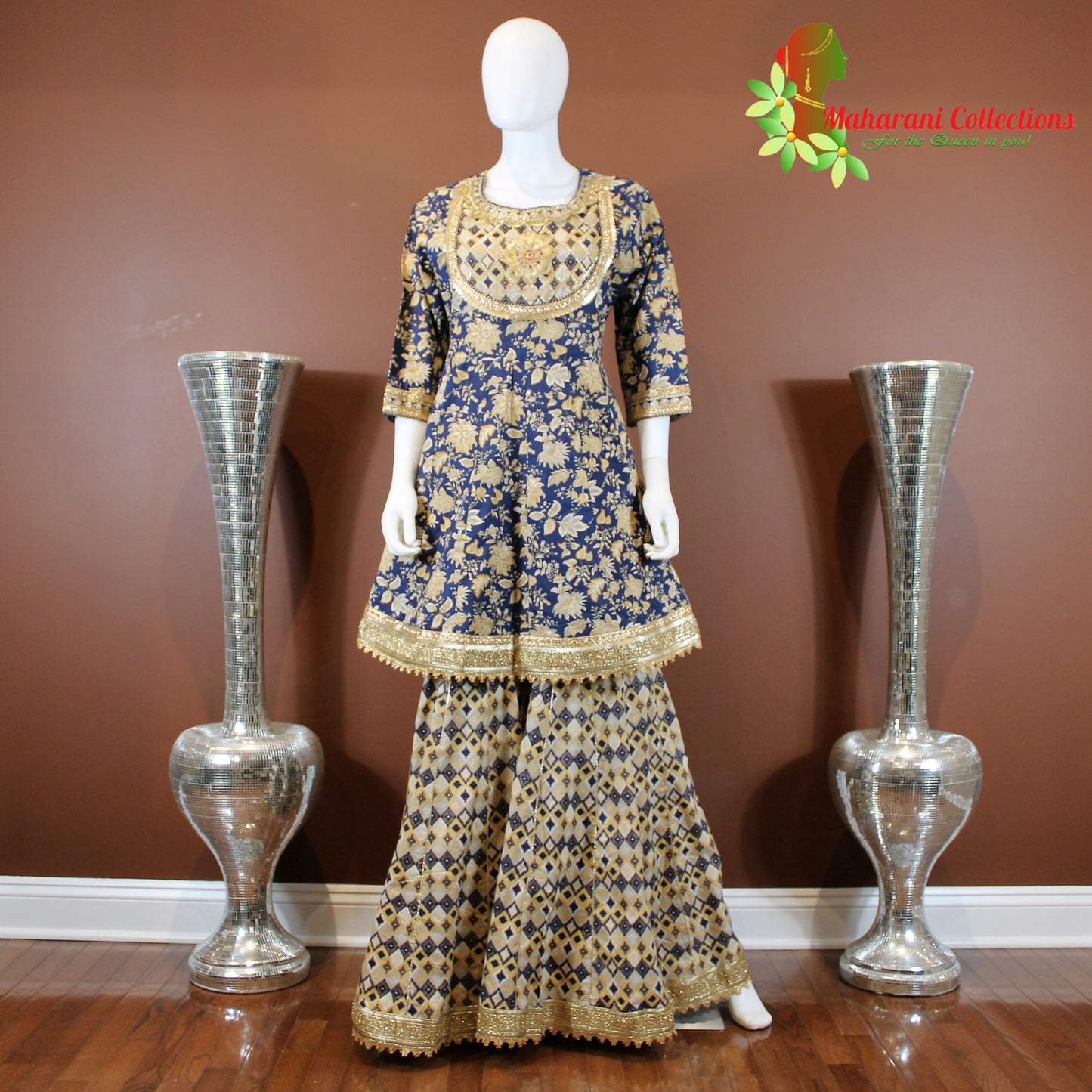 Maharani's Designer Linen Silk Sharara Suit - Blue (L, XL)