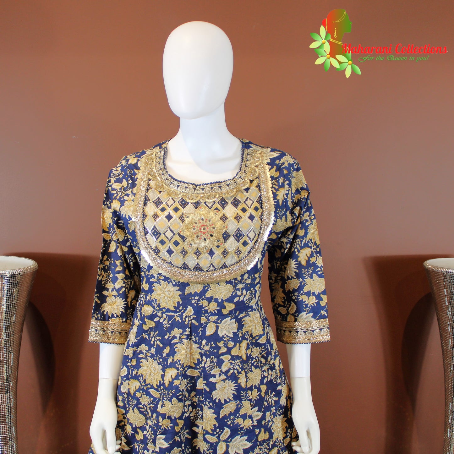 Maharani's Designer Linen Silk Sharara Suit - Blue (L, XL)
