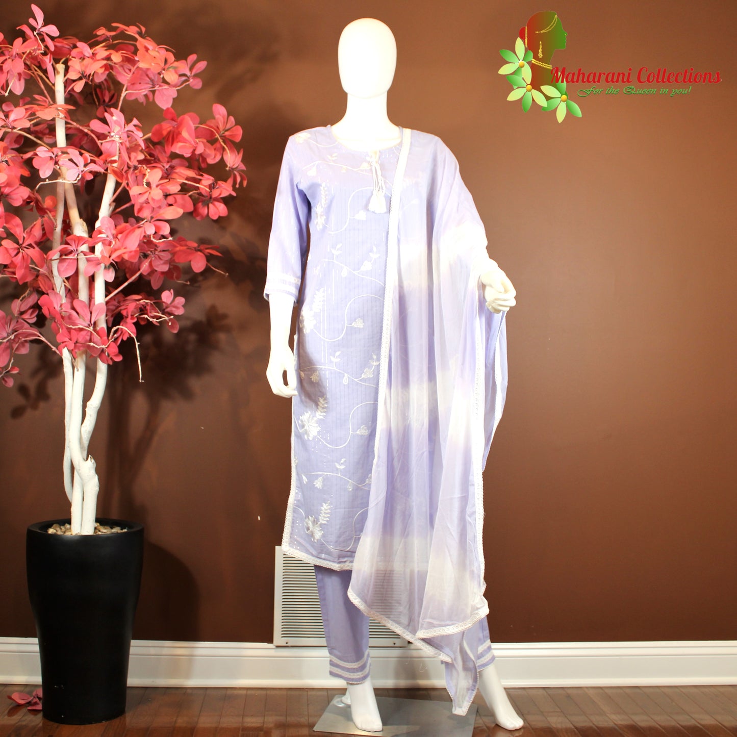 Maharani's Suit with Pants and Dupatta - Light Purple (M) - Pure Muslin Silk