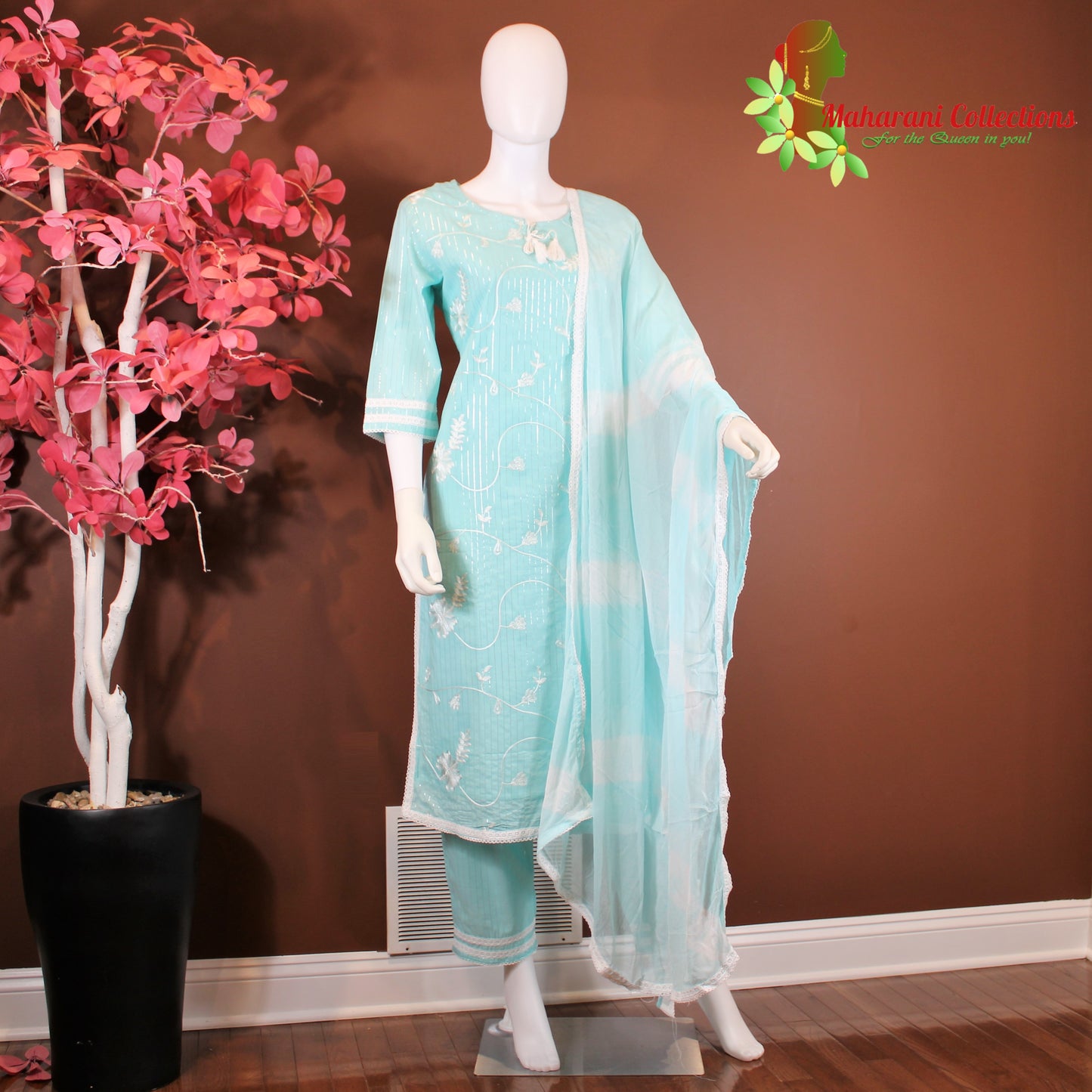 Maharani's Suit with Pants and Dupatta - Sea Green (L) - Pure Muslin Silk