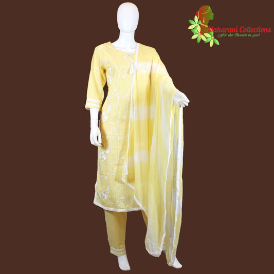 Maharani's Suit with Pants and Dupatta - Lemon Yellow (XL) - Pure Muslin Silk