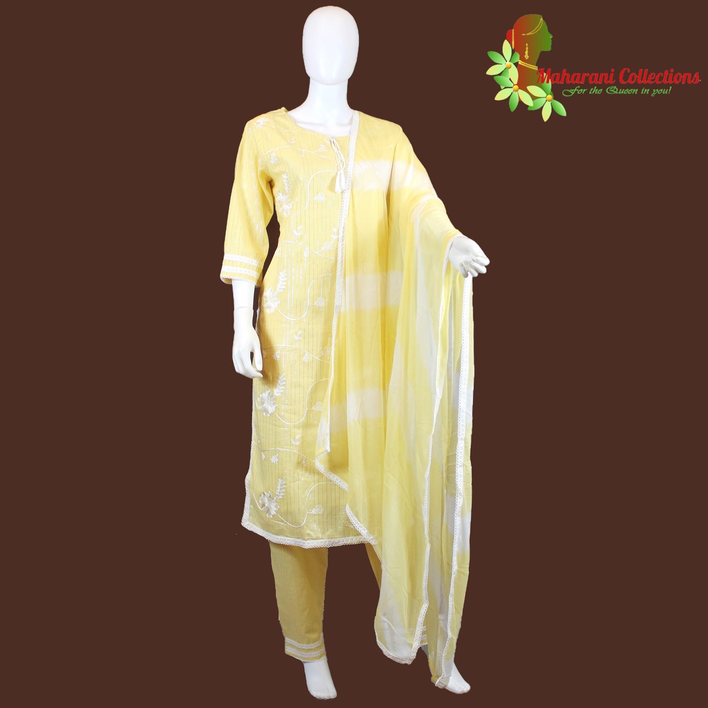 Maharani's Suit with Pants and Dupatta - Lemon Yellow (L) - Pure Muslin Silk