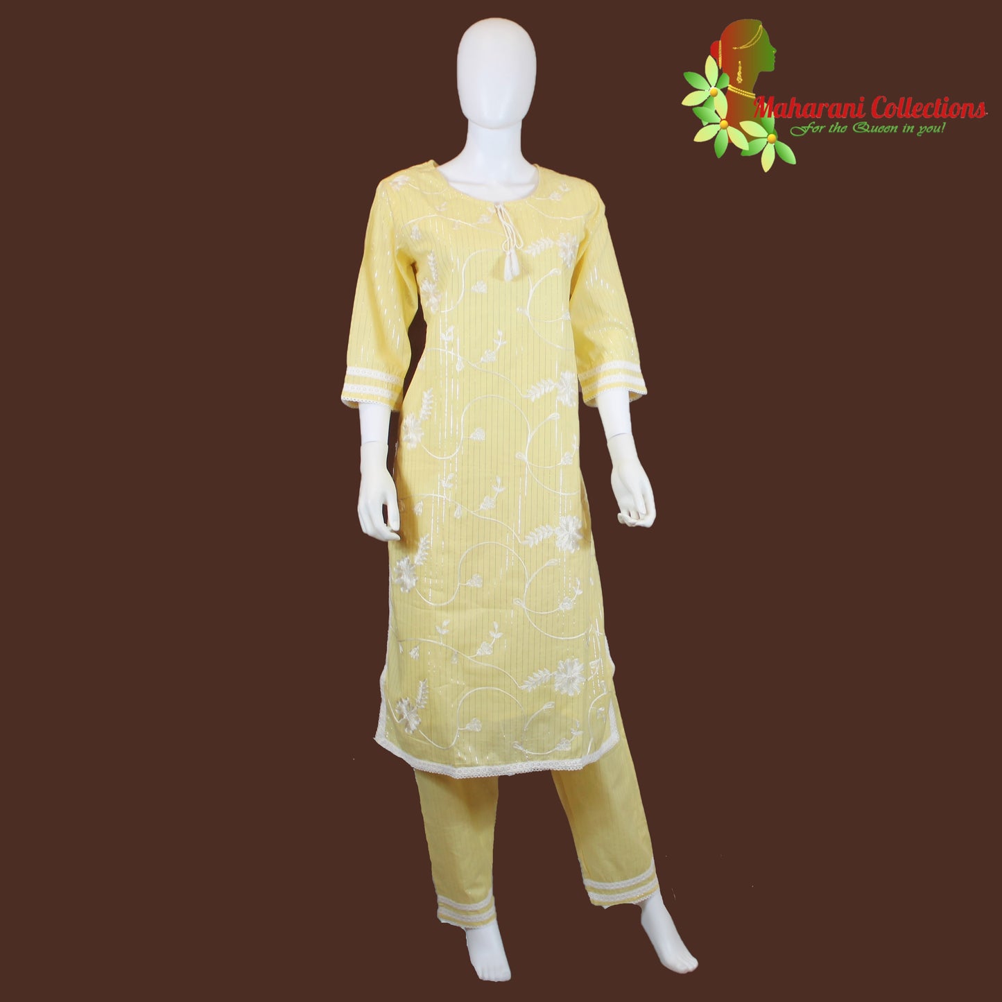 Maharani's Suit with Pants and Dupatta - Lemon Yellow (L) - Pure Muslin Silk