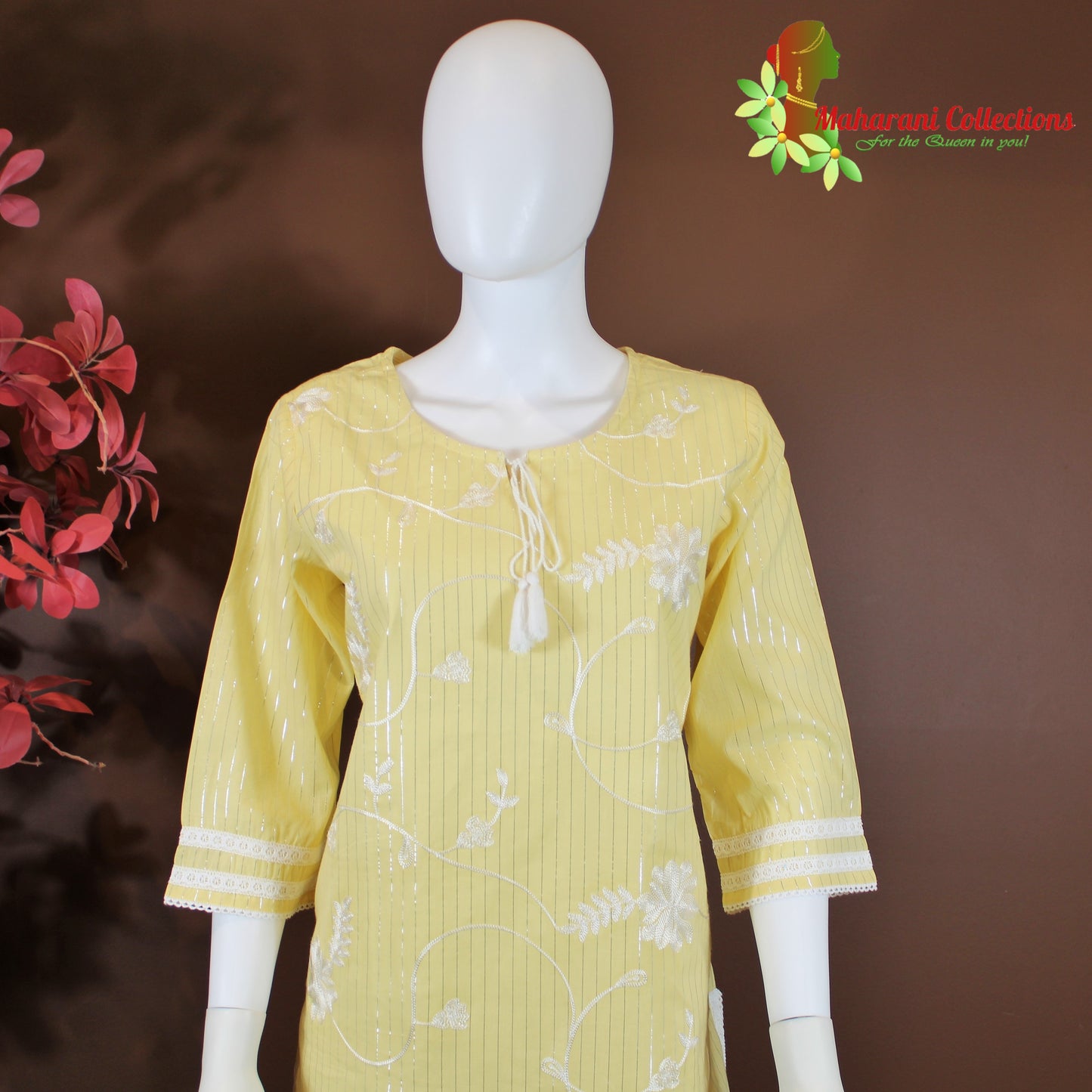 Maharani's Suit with Pants and Dupatta - Lemon Yellow (L) - Pure Muslin Silk