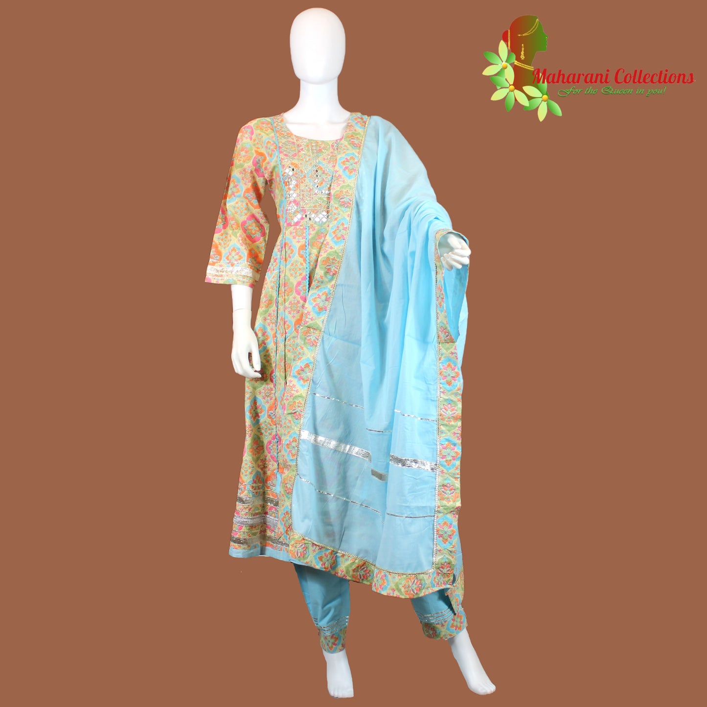 Maharani's Anarkali Suit - Sky Blue Floral (XL) - Pure Cotton