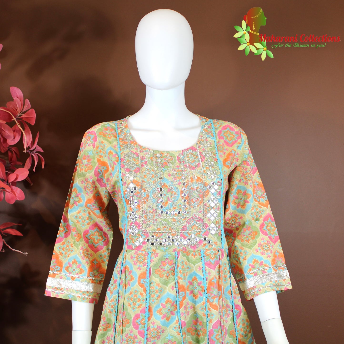 Maharani's Anarkali Suit - Sky Blue Floral (XL) - Pure Cotton