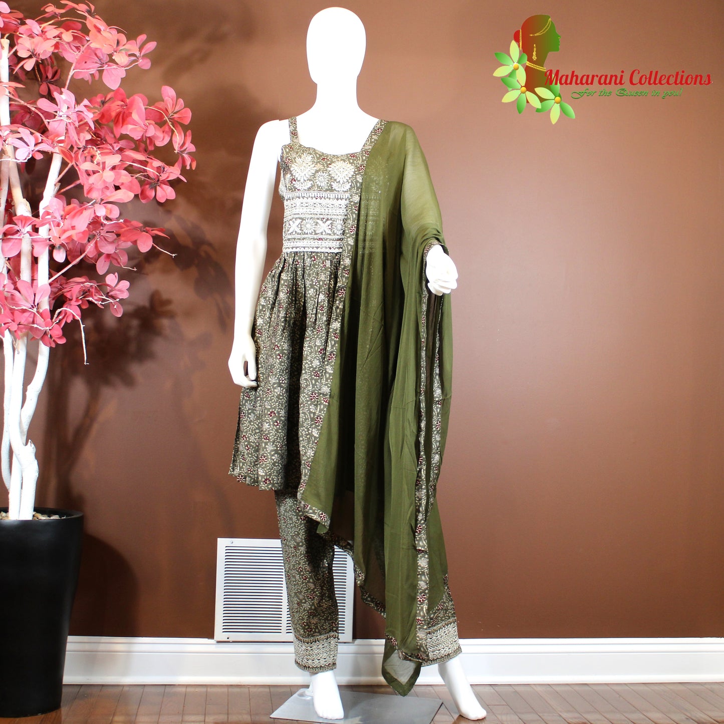 Maharani's Suit with Pants and Dupatta - Henna Green (S) - Pure Muslin Silk