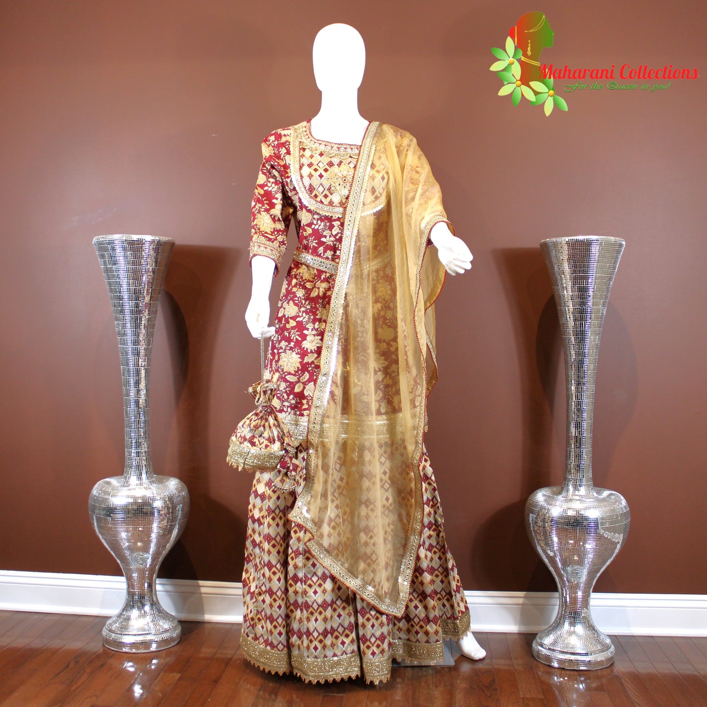 Maharani's Designer Linen Silk Sharara Suit - Maroon (M, L, XL)