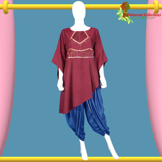 Tulip Sharara Suit - Maroon and Blue (L)