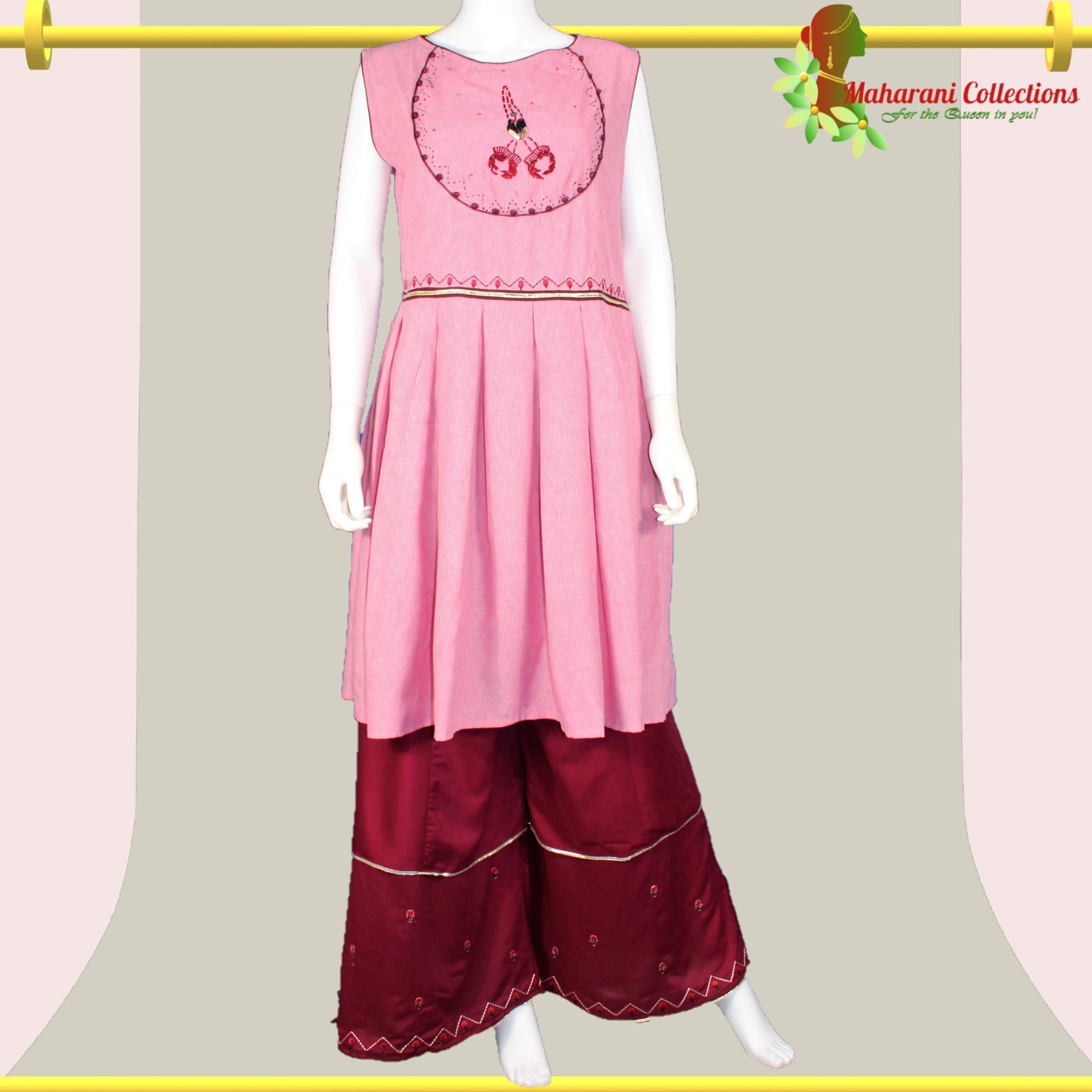 Lucknowi Sharara Suit - Pink and Maroon (L)